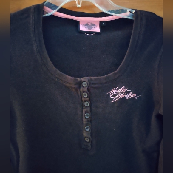 Harley Davidson Waffle Knit Scoop Neck Pullover Long Sleeve L Pink Black Cotton - Picture 6 of 10